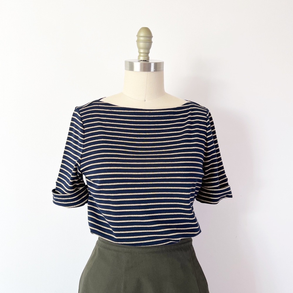 Lauren Ralph Lauren Top Navy Blue Gold Metallic Striped Boatneck‎ Petite Medium